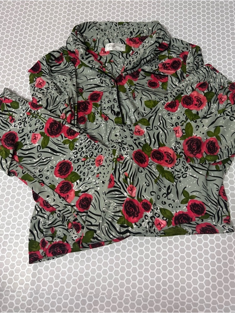 Emily Stacy Floral & Zebra Print Button-Up Top Green Red & Black Loungewear Set